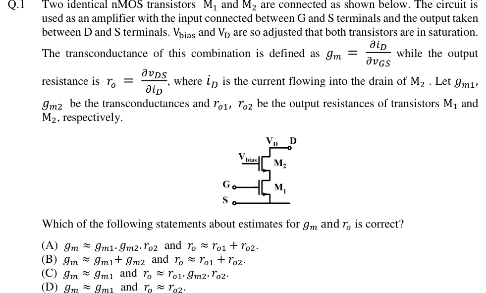 GATE 2018 EC question 1: Two nMOS transistors stacked in series (cascode).