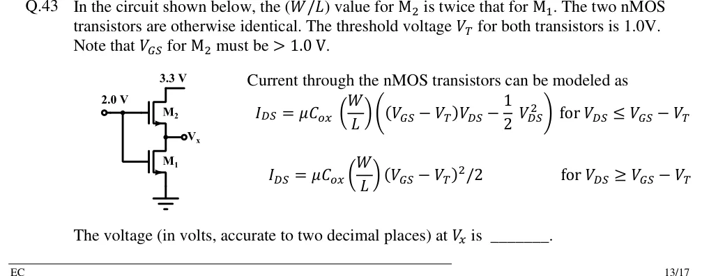 GATE 2018 EC question 43: Two enhancement nMOS transistors stacked in series between a 3.3 V supply and ground.