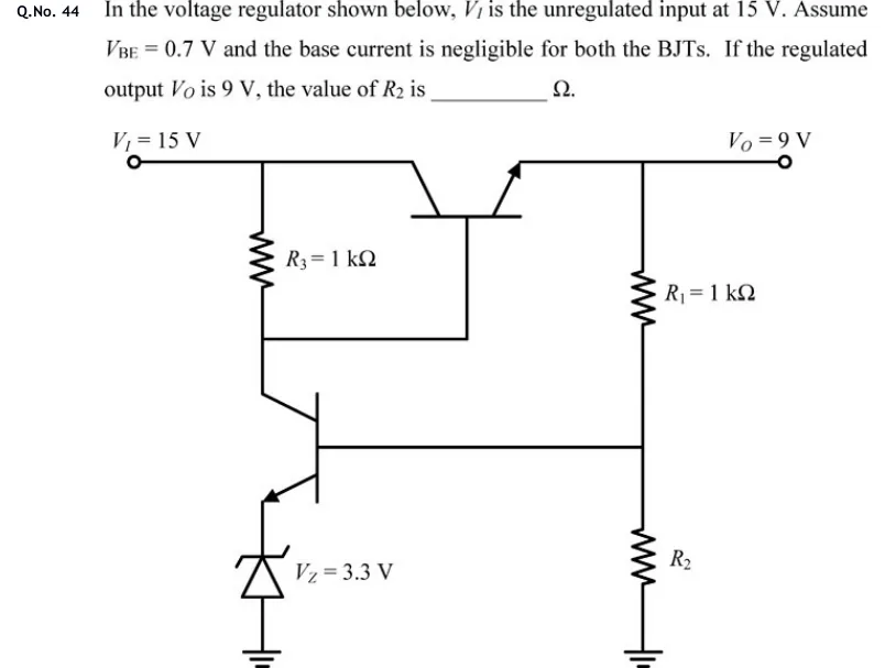 GATE 2020 EC question 44: Series transistor voltage regulator.