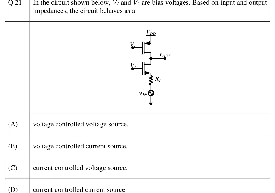 GATE 2023 EC question 21: Two MOSFETs are stacked in series between V_DD and the input source.