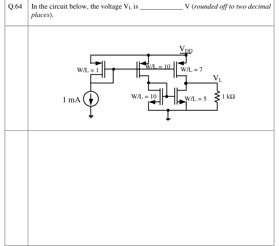 GATE 2023 EC question 64: A CMOS current-mirror circuit, supply V_DD on a top rail and ground at the bottom.