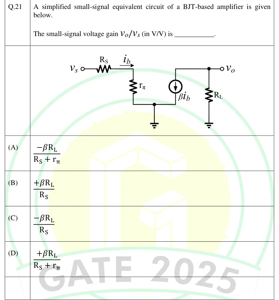 GATE 2025 EC question 21: Small-signal hybrid-pi circuit.