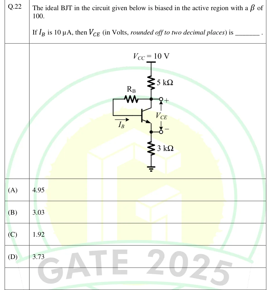GATE 2025 EC question 22: Collector-to-base (collector-feedback) bias circuit with an NPN BJT.