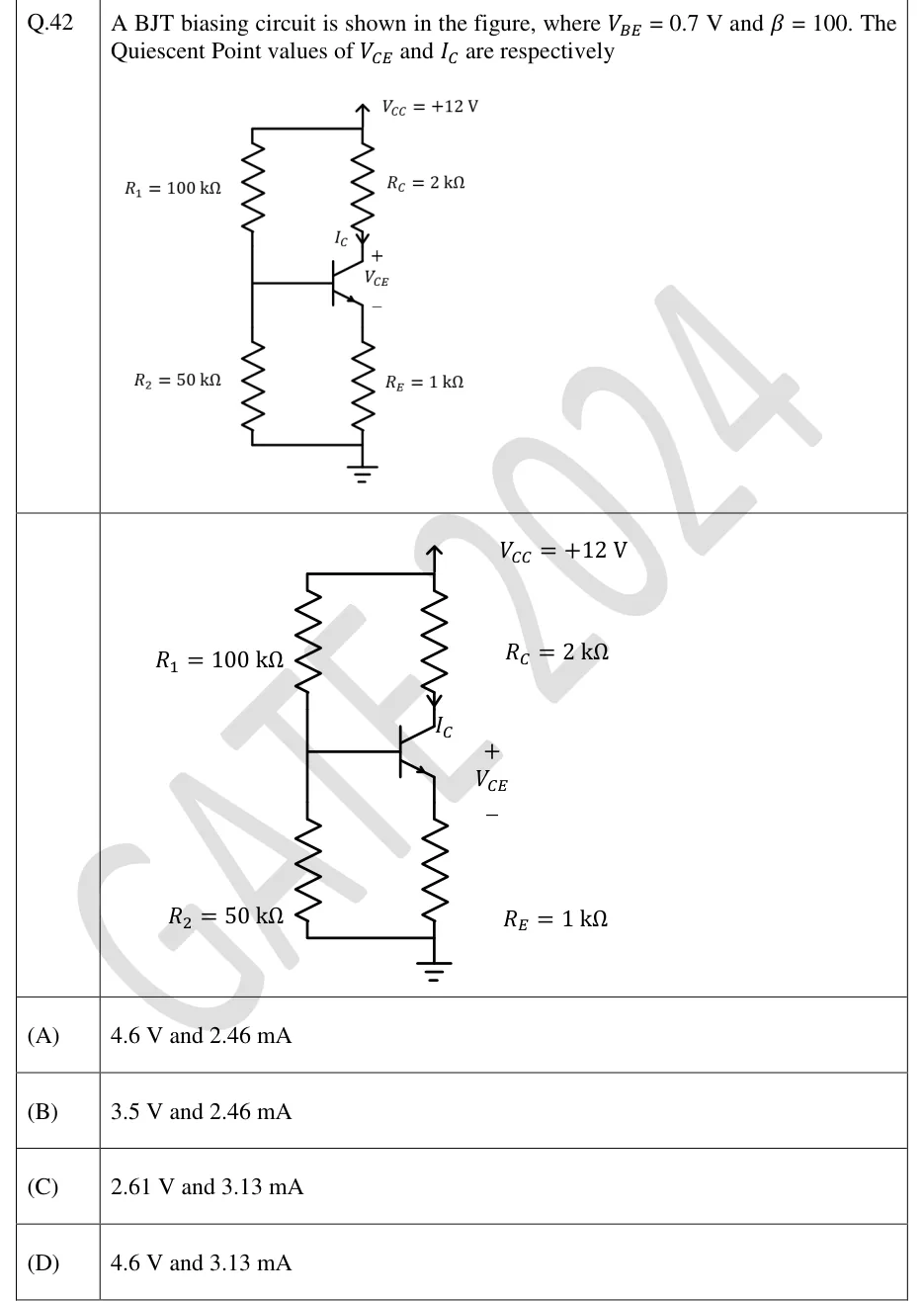 GATE 2024 EE question 42: Voltage-divider bias circuit with an NPN BJT (emitter arrow pointing outward).