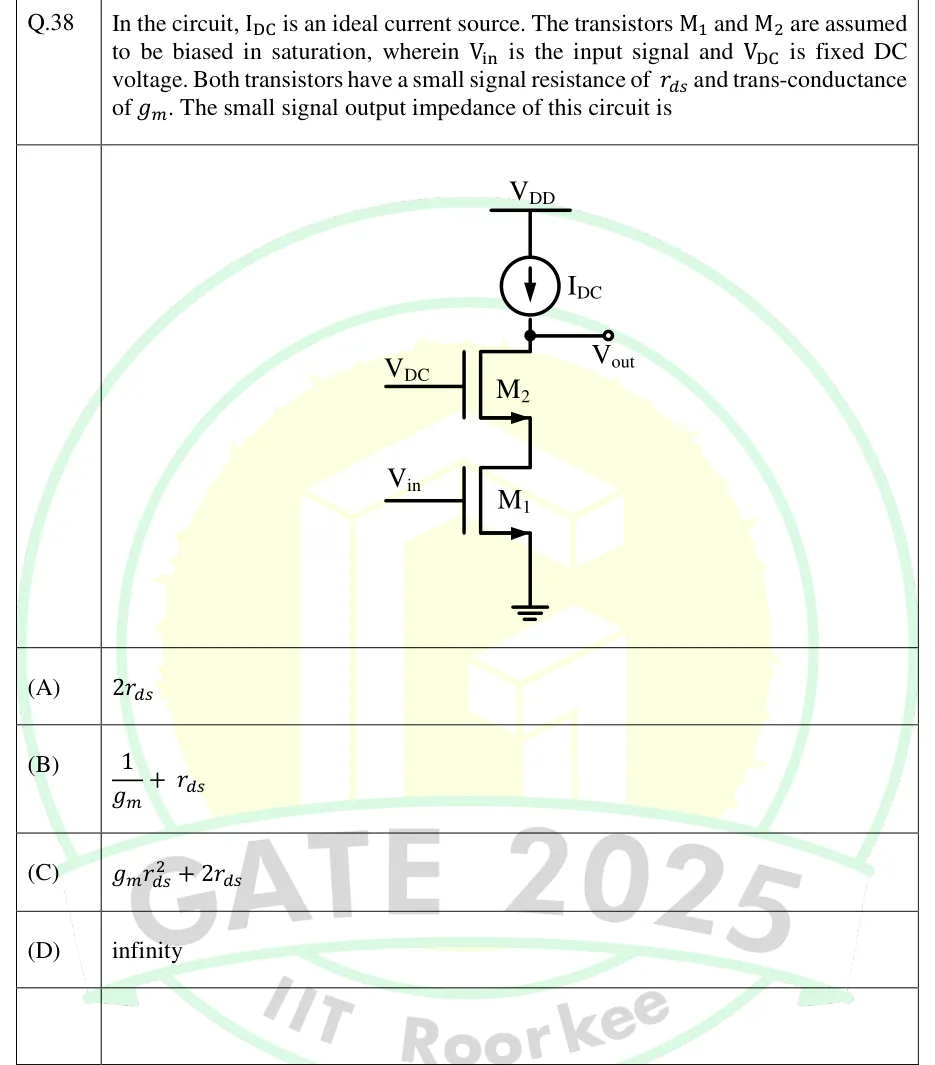 GATE 2025 EE question 38: NMOS cascode stage.