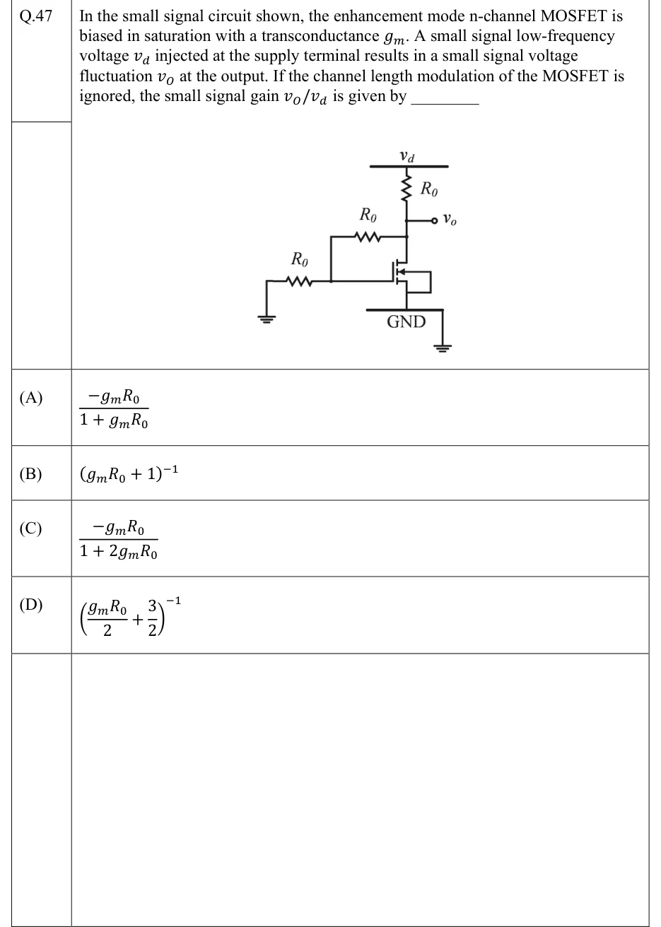 GATE 2022 IN question 47: Small-signal circuit with one enhancement-mode n-channel MOSFET (body arrow pointing into the channel;