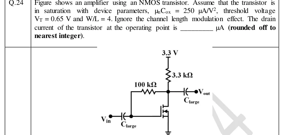 GATE 2024 IN question 24: Common-source NMOS amplifier with drain-to-gate feedback bias.