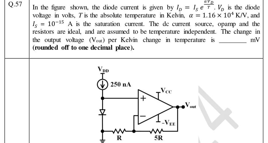 GATE 2024 IN question 57: A 250 nA dc current source hangs from V_DD and drives its current downward into a node (call it A).