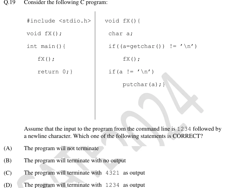 GATE 2024 CS1 question 19: The question shows two side-by-side C code panels separated by a vertical divider line (a typical two-column print layout…