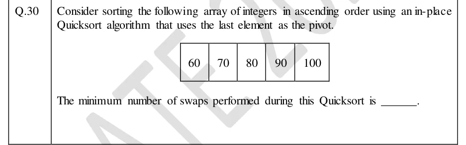 GATE 2024 DA question 30: A single row of five boxed cells holding the integers 60, 70, 80, 90, 100 from left to right (already sorted ascending).