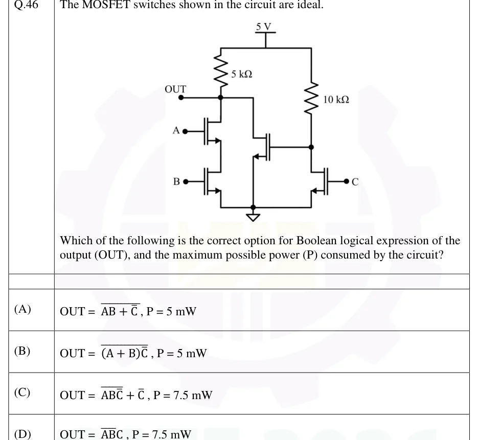 GATE 2026 EE question 46: A 5 V supply feeds two resistive-load branches.