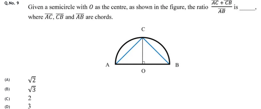 GATE 2020 EE GA question 9: A semicircle drawn with a thick black arc above a horizontal diameter AB.