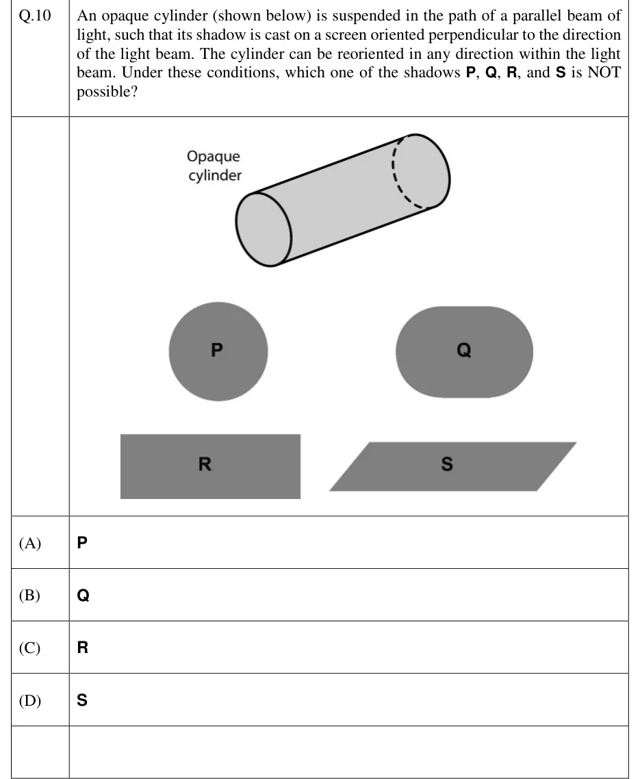 GATE 2023 IN GA question 10: Top: a 3D sketch of a solid circular cylinder, shaded light grey.