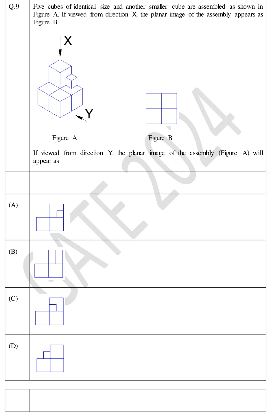 GATE 2024 IN GA question 9: Figure A (isometric line drawing): four identical cubes form a 2 x 2 bottom layer.