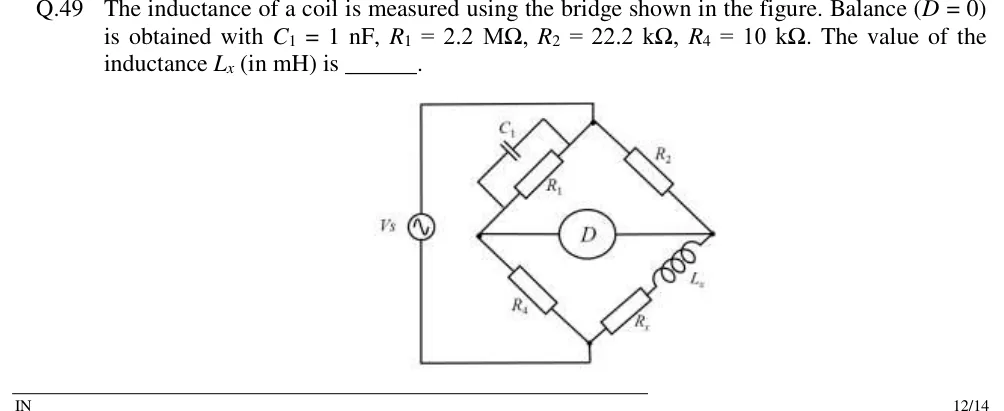 GATE 2018 IN question 49: A four-arm bridge drawn as a diamond with top, left, right and bottom nodes.