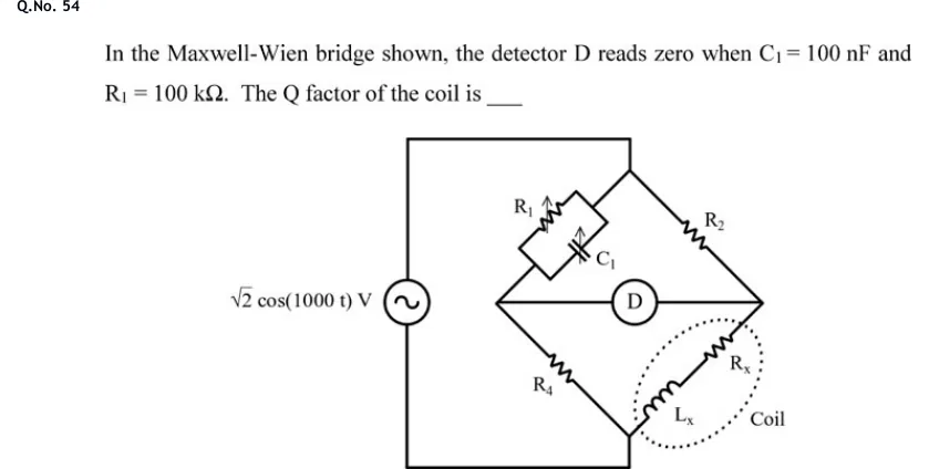 GATE 2020 IN question 54: A four-arm bridge drawn as a diamond with a top node, a bottom node, a left node and a right node.