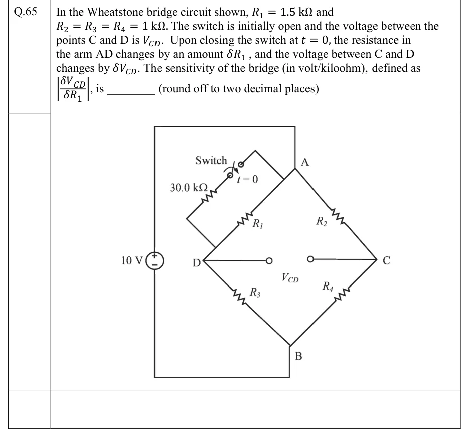 GATE 2022 IN question 65: A diamond-shaped Wheatstone bridge with node A at the top, B at the bottom, D on the left and C on the right.