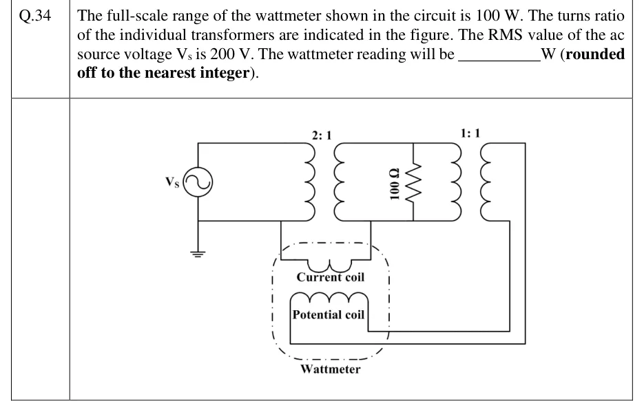 GATE 2023 IN question 34: An ac source V_s has its lower terminal grounded.