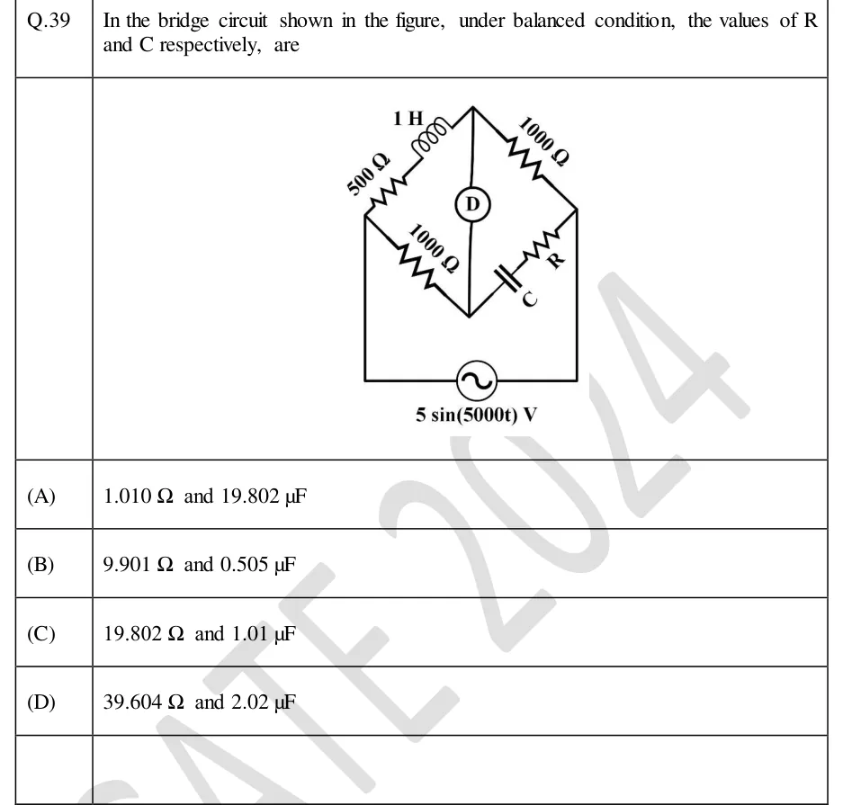 GATE 2024 IN question 39: A four-arm bridge drawn as a diamond with nodes left, top, right and bottom.