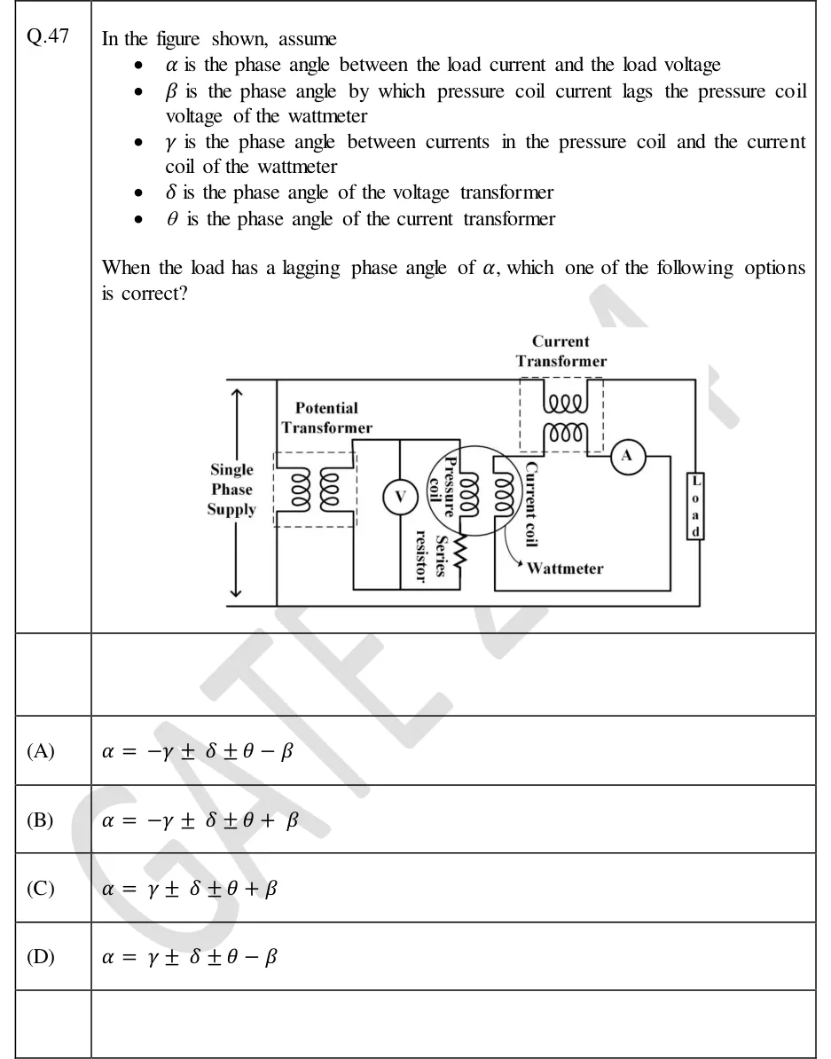 GATE 2024 IN question 47: A single-phase supply (vertical double-headed arrow labelled 'Single Phase Supply') on the left, with a top line and a…