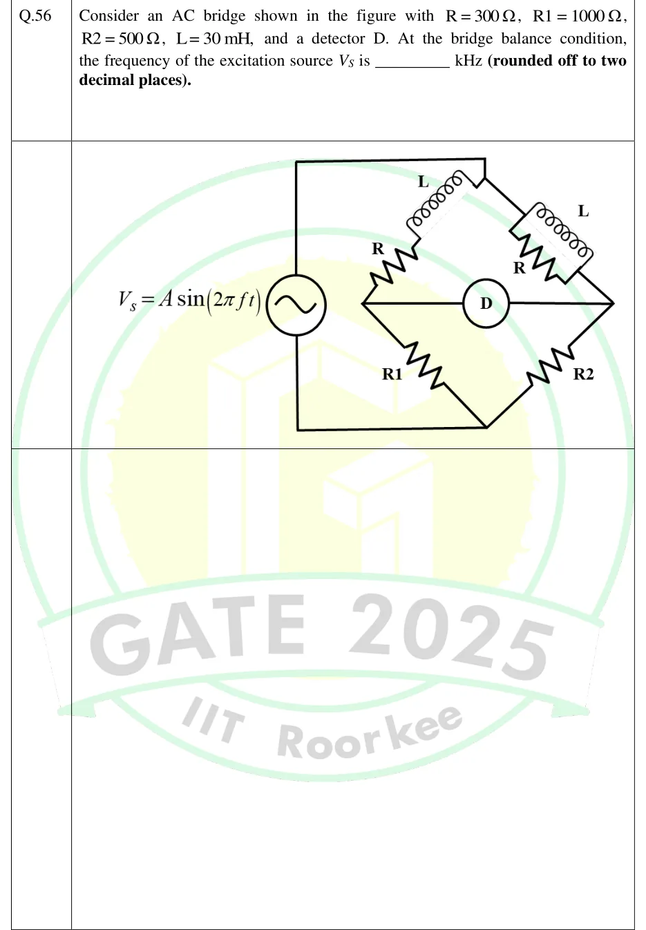 GATE 2025 IN question 56: A four-arm bridge drawn as a diamond with top, left, right and bottom vertices.