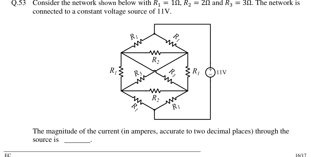 GATE 2018 EC question 53: A hexagon-shaped resistor network with six nodes: top apex A, upper-left C, upper-right D, lower-left E, lower-right F…