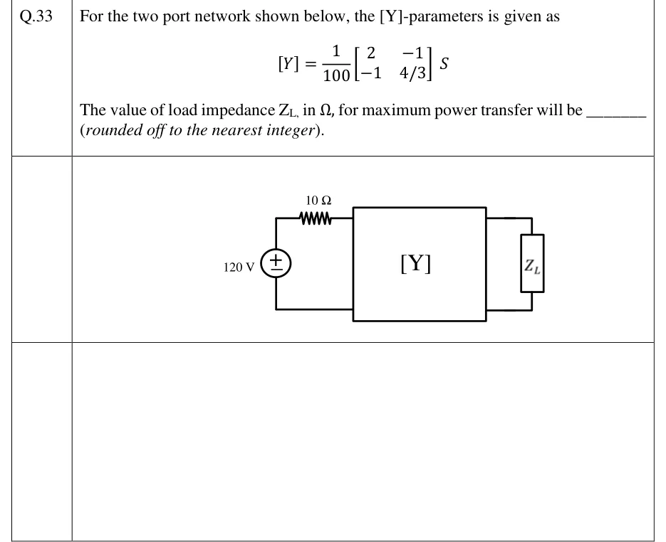 GATE 2023 EC question 33: An ideal DC voltage source of 120 V (+ terminal at the top) is connected in series with a 10 Ω resistor to the input port…