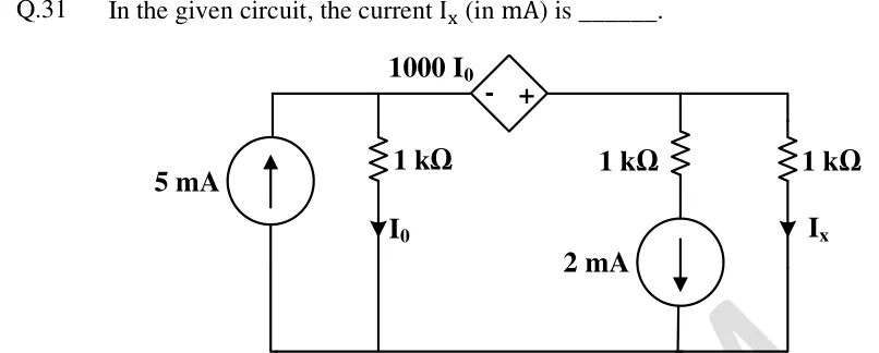 GATE 2024 EC question 31: A multi-branch circuit with a common bottom (ground) rail and a top rail split into two nodes, A (left) and B (right).