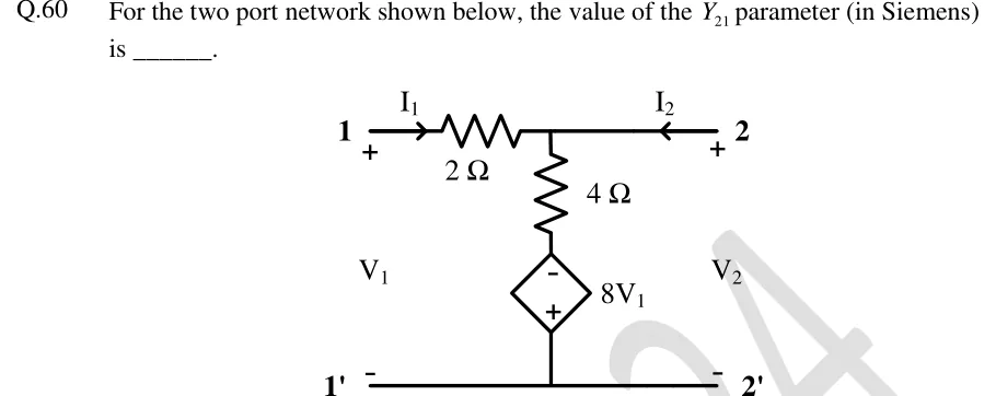 GATE 2024 EC question 60: A T-type two-port network.