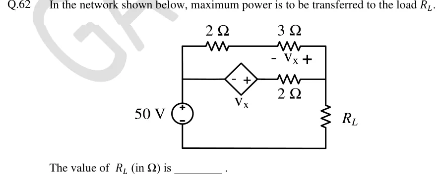 GATE 2024 EC question 62: A 50 V independent DC source sits in the left vertical branch, + terminal at the top.