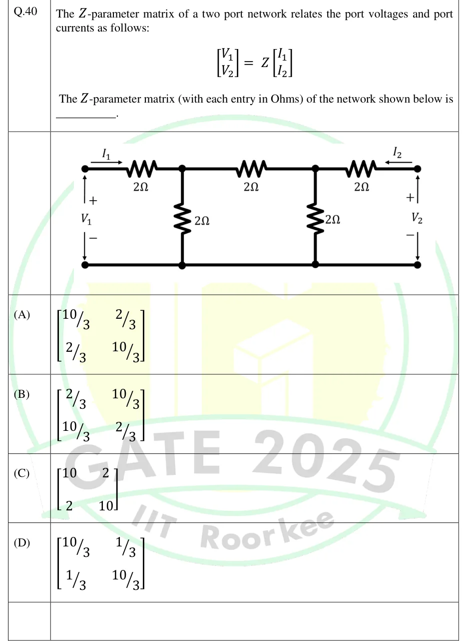 GATE 2025 EC question 40: A ladder two-port network with a common bottom (ground) rail.
