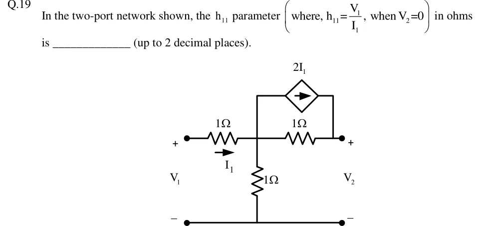 GATE 2018 EE question 19: A two-port network with a common bottom (ground) rail running from the port-1 minus terminal to the port-2 minus terminal.