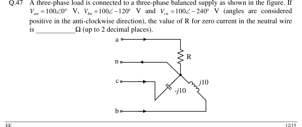 GATE 2018 EE question 47: Four supply terminals on the left, top to bottom: a, n, c, b.