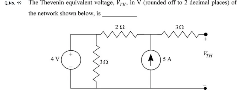 GATE 2020 EE question 19: The circuit has a common bottom (reference) rail and a top rail, reading left to right.