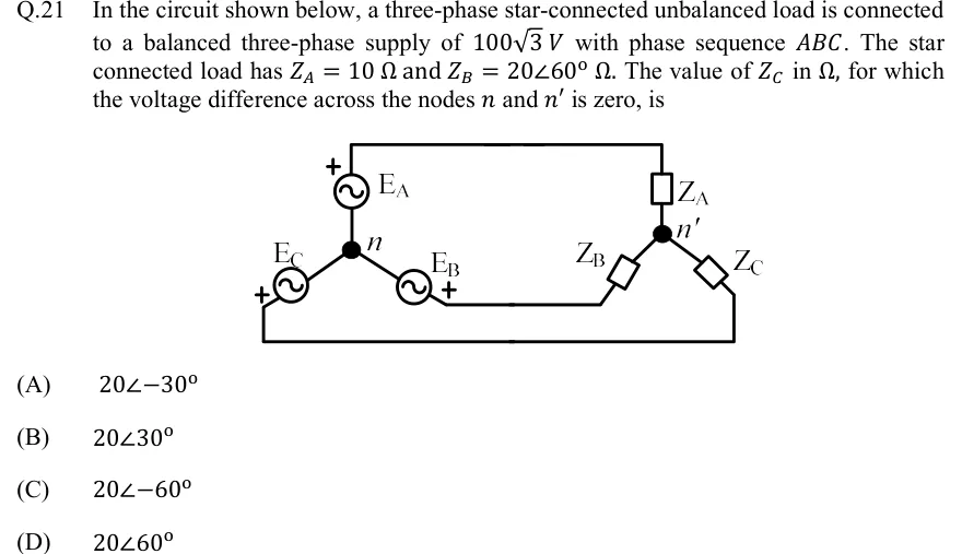 GATE 2022 EE question 21: Left: a star-connected source with common node n (filled dot).