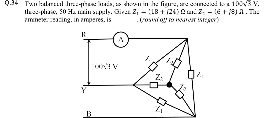 GATE 2022 EE question 34: Three supply lines R (top), Y (middle) and B (bottom);
