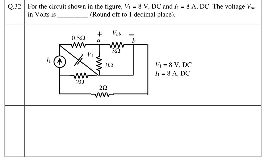 GATE 2023 EE question 32: A rectangular circuit with four distinct nodes.