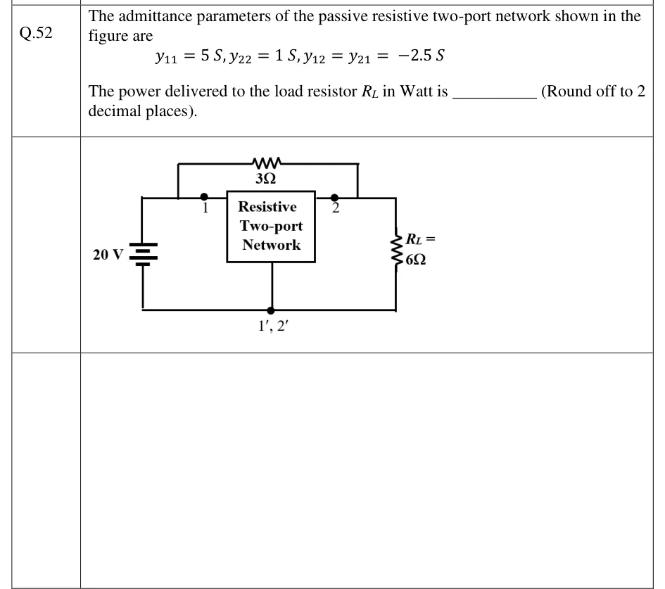 GATE 2023 EE question 52: A box labelled 'Resistive Two-port Network' has input terminal 1 (top left), output terminal 2 (top right) and a common…