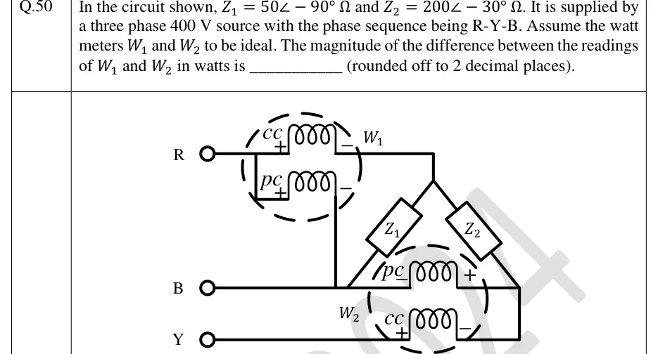 GATE 2024 EE question 50: Three supply terminals on the left, top to bottom: R, B, Y (B is drawn in the middle, Y at the bottom).