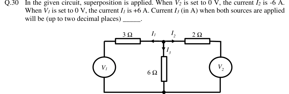 GATE 2018 IN question 30: Two-mesh circuit with a common bottom (reference) wire.