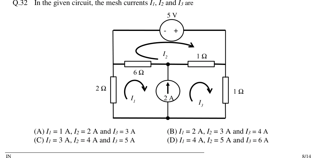 GATE 2018 IN question 32: A planar circuit with three meshes.