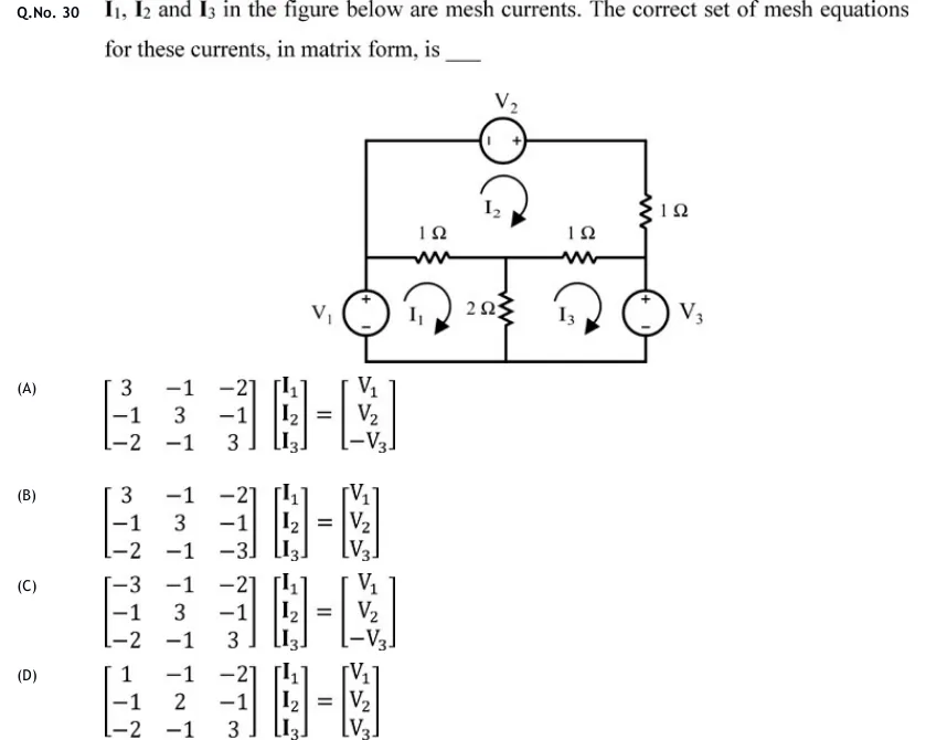 GATE 2020 IN question 30: A planar circuit with three meshes, all mesh currents drawn clockwise.
