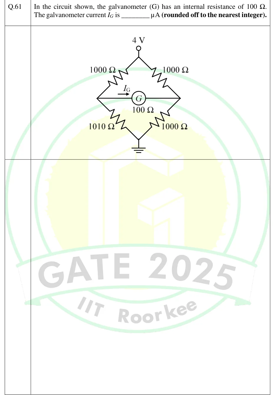 GATE 2025 IN question 61: A Wheatstone bridge drawn as a diamond.