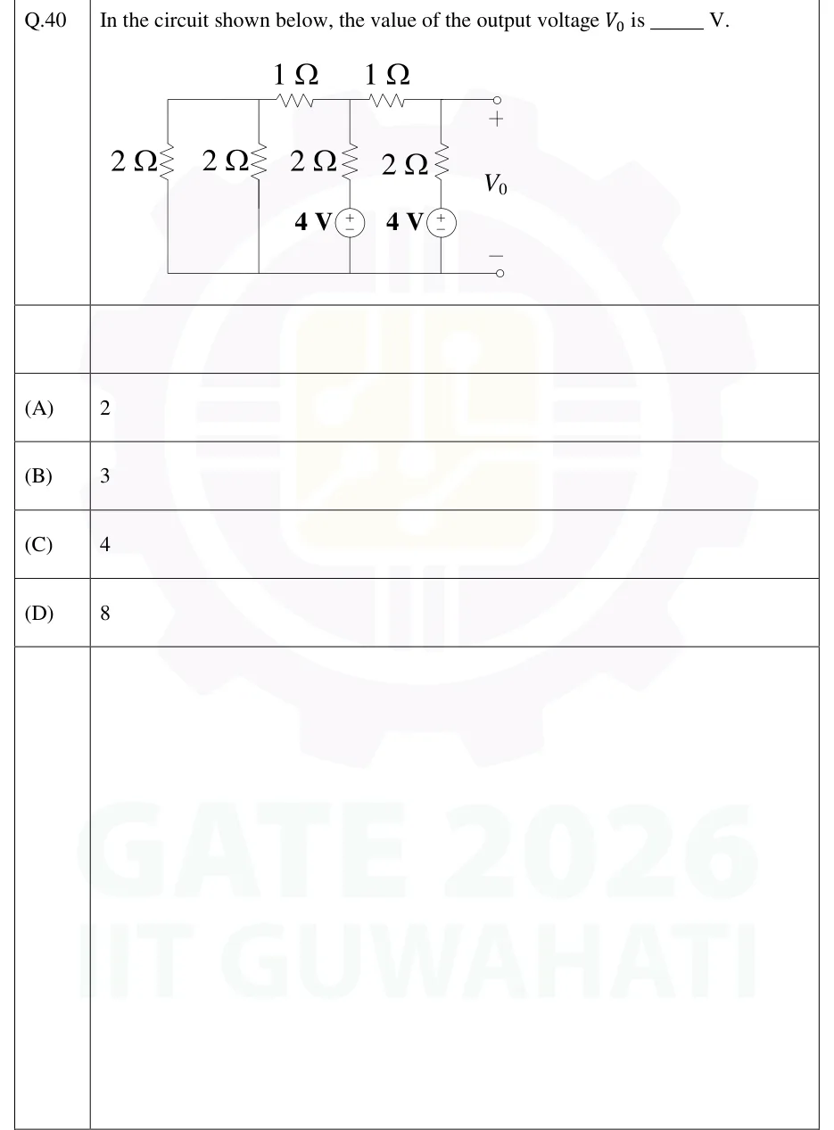 GATE 2026 IN question 40: A ladder network between a top rail and a bottom (reference) rail, drawn left to right.